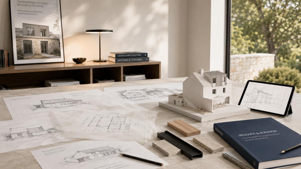 Analyse de faisabilité architecturale avec plans, relevés, cadastre, déclaration préalable et matériaux pour une rénovation de maison individuelle