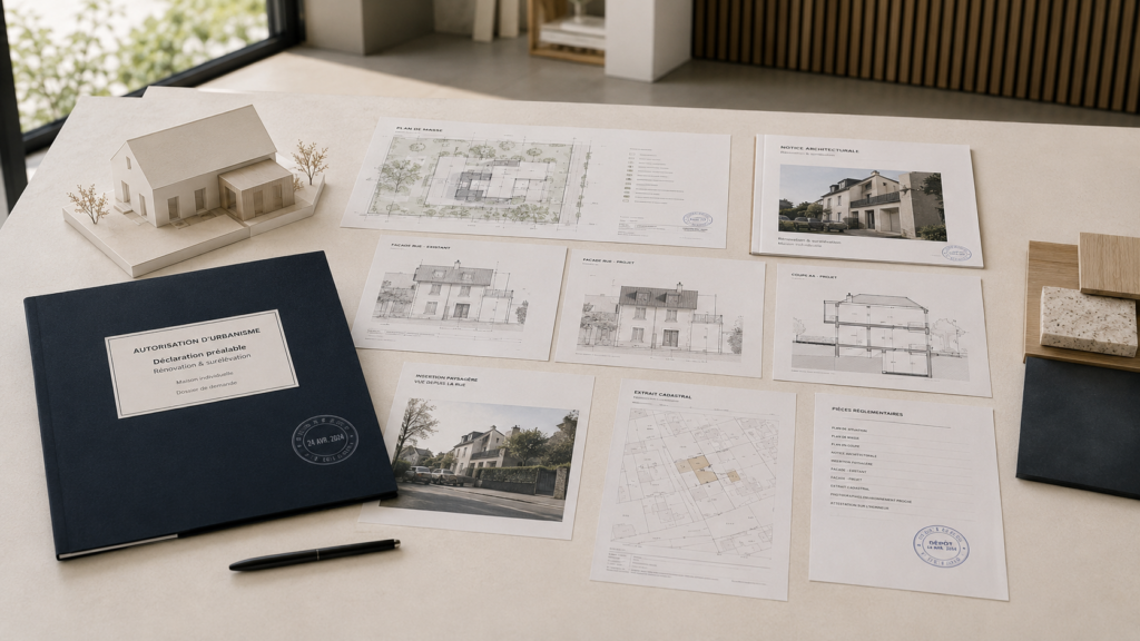 Dossier d’autorisation d’urbanisme avec plan de masse, façades, coupe, insertion paysagère et extrait cadastral pour une rénovation de maison individuelle