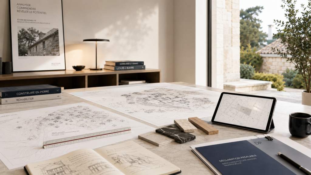 Conception architecturale avec maquette, plans, esquisses et matériaux pour un projet de rénovation et surélévation de maison individuelle