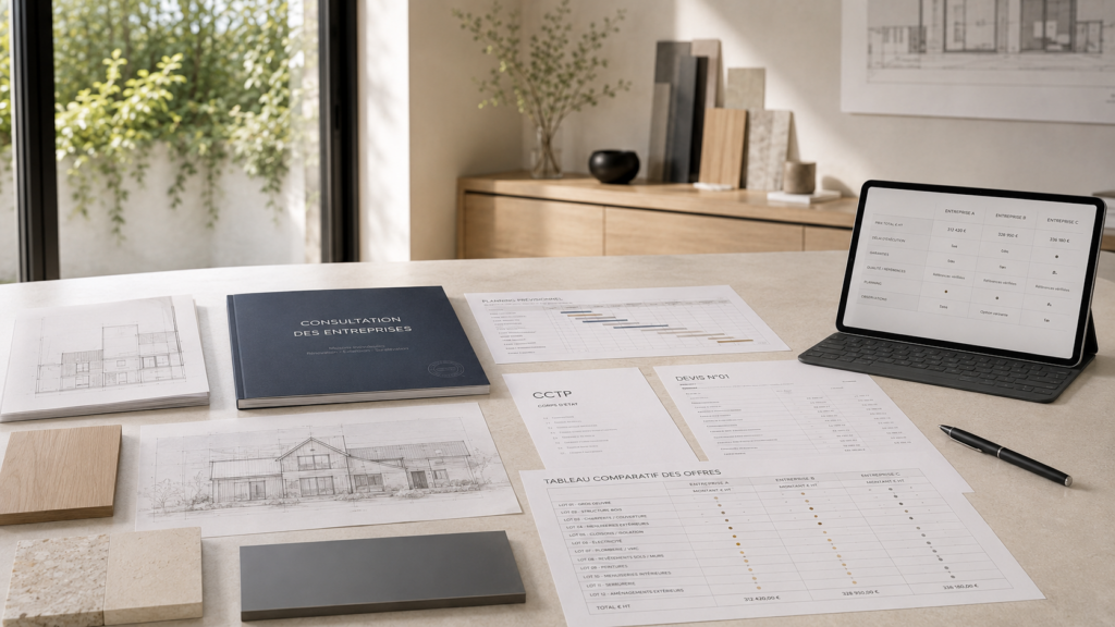 Consultation des entreprises avec CCTP, devis, planning prévisionnel et tableau comparatif des offres pour un projet de rénovatio