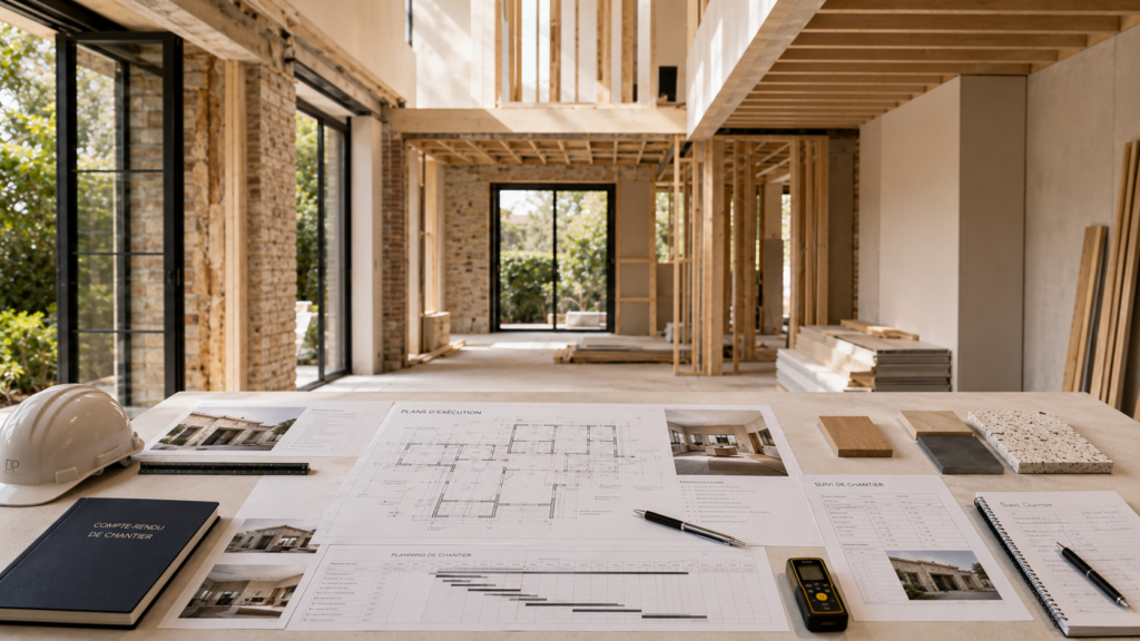 Suivi de chantier dans une maison en rénovation avec plans d’exécution, planning, compte-rendu et matériaux